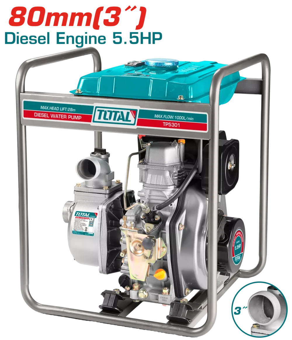 Motopompă Diesel TOTAL, 3 (80 mm), 5.5 CP, Debit 1000 lmin   Ideală pentru Irigații, Drenaje și Agricultură