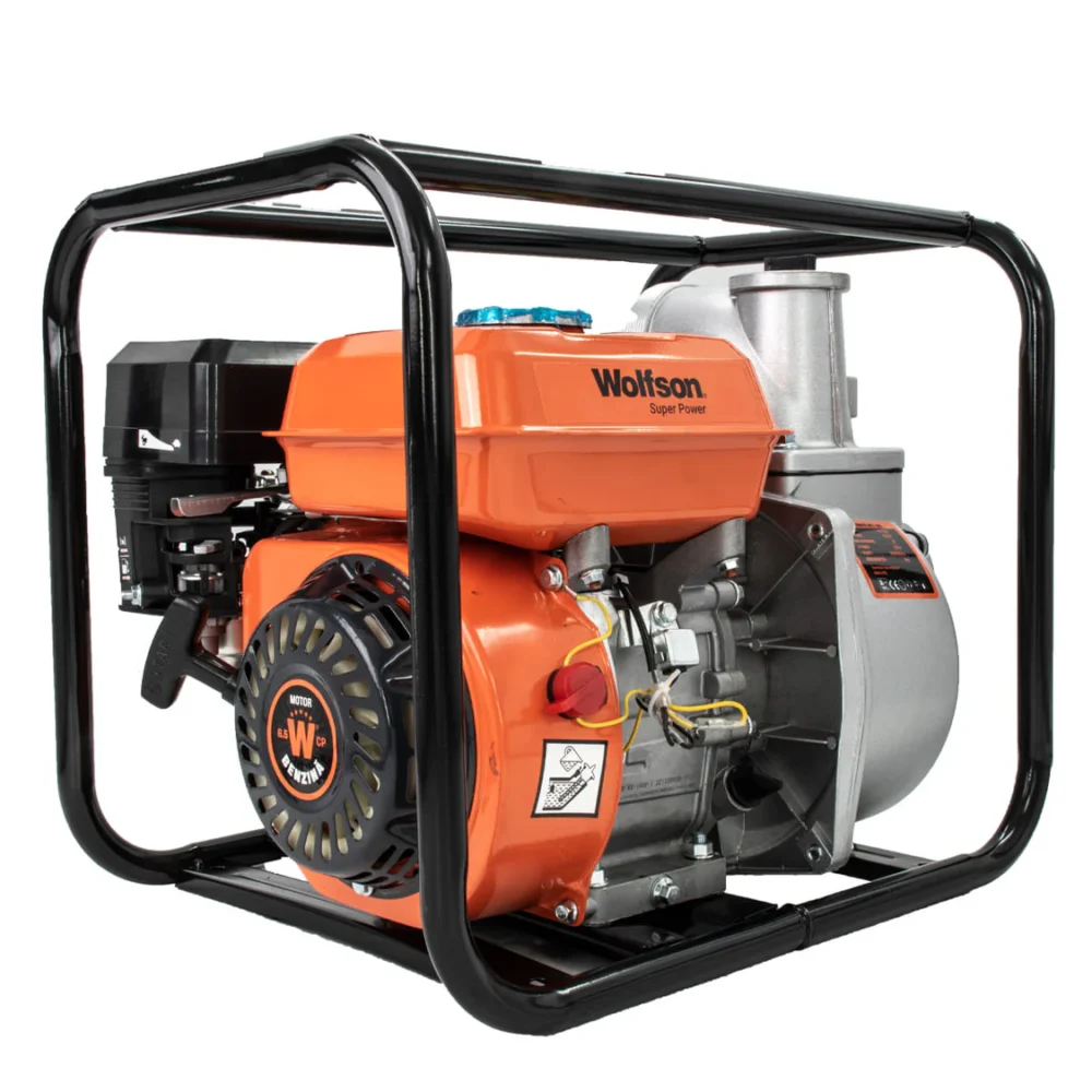 Motopompa WOLFSON WT 30, 3 toli   6.5 CP, Absorbtie 8m, Debit 60000 Lh, Ideala pentru irigatii si zone fara curent datorita consumulu