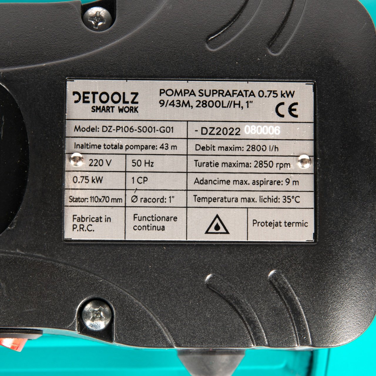pompa de suprafata detoolz 075 kw debit maxim 2800 lh inaltime maxima de pompare 43m corp pompa fonta 7