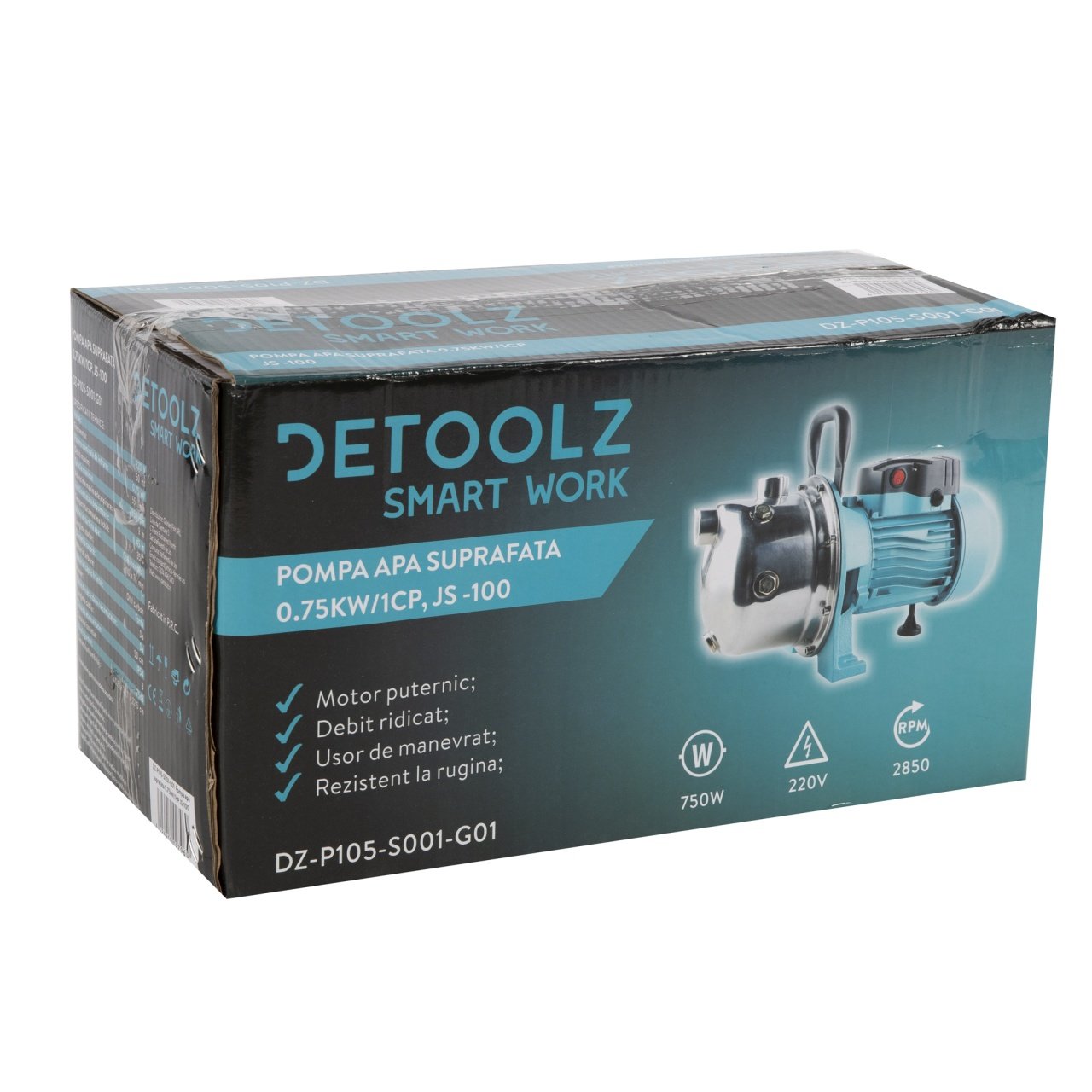 pompa de suprafata detoolz 075 kw debit maxim 3300 lh inaltime maxima de pompare 45m corp pompa inox 6