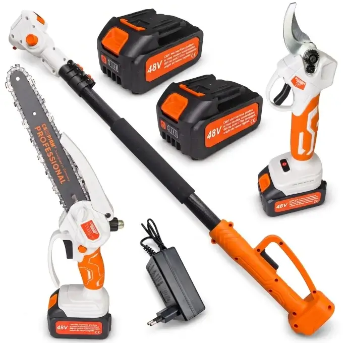 Set 3 în 1 Mini Drujbă + Foarfecă Electrică + Tijă Extensibilă, Acumulator 48V